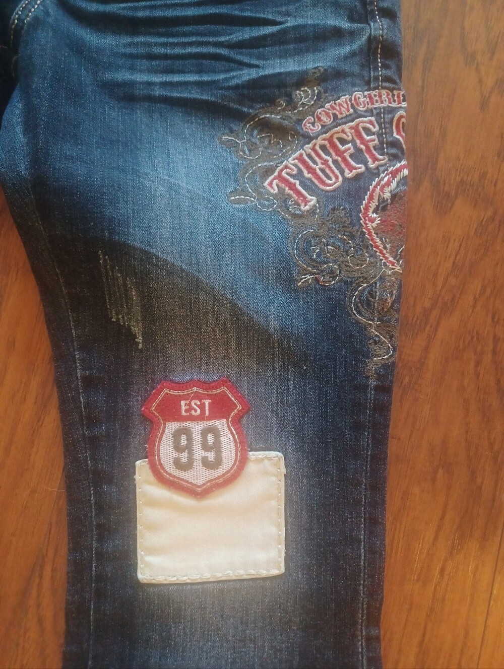 ❤️🐎🤎COWGIRL TUFF PATCHED UP BOOTCUT JEANS 27x37